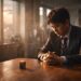 Man in a suit sits at a wooden table with hands clasped, a small Rubik’s cube on the table, warm sunset light in the background.