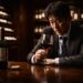 Man in a dark suit sits at a wooden table in a dim wine cellar, gazing at a glass of red wine beside an open bottle and corkscrew.