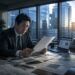 Businessman in a dark suit reads a document at a desk cluttered with newspapers, laptop, and stacks of files with a city skyline at sunset outside the window, in an office setting.