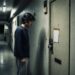 Man in a dark shirt and gray sweatpants stands in a dim hallway, looking at a locked door with a small paper taped beside the knob.
