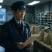 Man in a dark blue uniform and cap stands in a warehouse, holding a clipboard and reviewing papers.